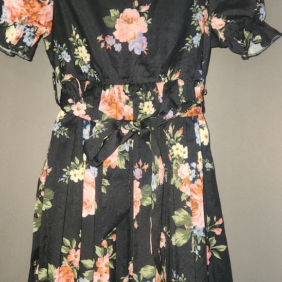 Toddler Girls Floral Print Pleated Hem Puff Sleeve Belted Dress - Picture 10 of 10